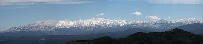 Western view of snow capped Leka Ori, North Western Crete.  Towards Omalos in January 2004.